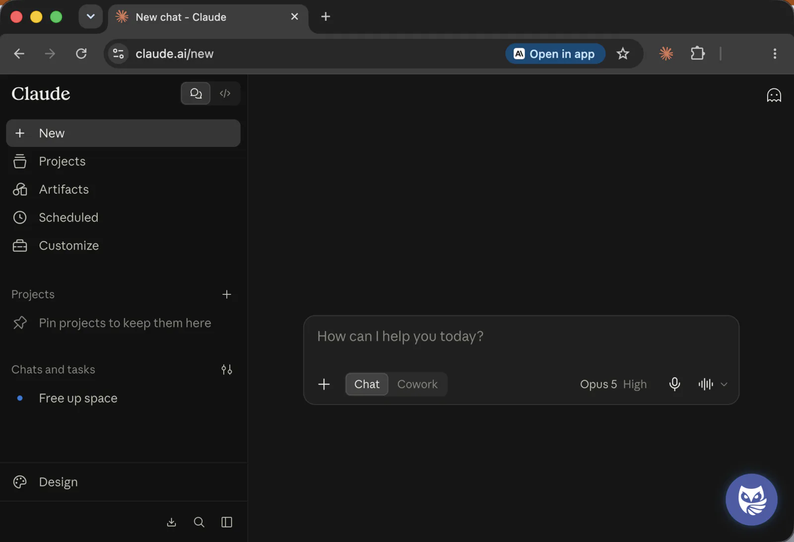 A new chat on claude.ai with the SOWA Privacy extension installed. The composer is empty and the Privacy Owl button sits in the bottom right corner.