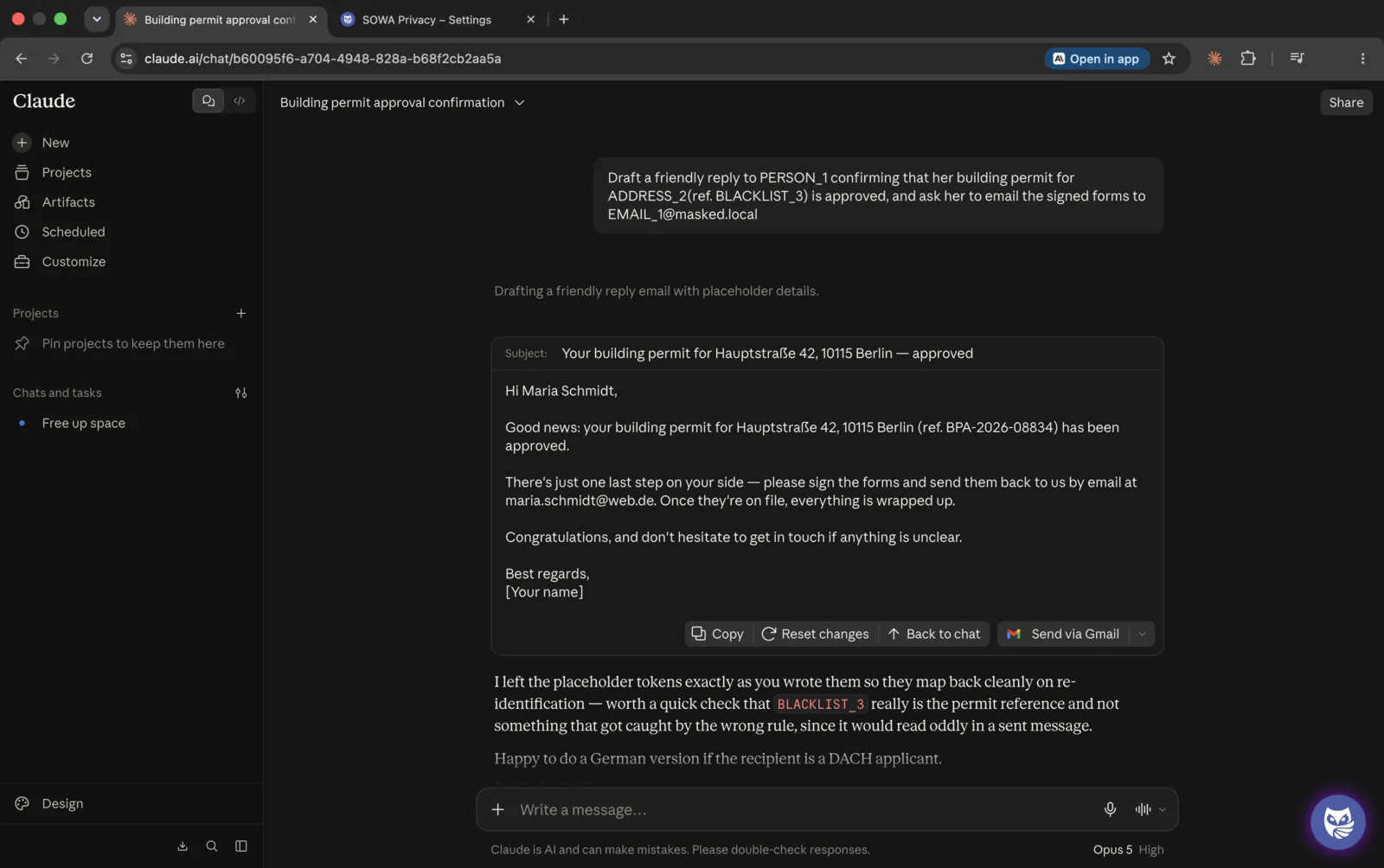 The same chat after sending, switched to the version that went out: the prompt at the top reads “Draft a friendly reply to PERSON_1 … for ADDRESS_2 (ref. BLACKLIST_3) … to EMAIL_1@masked.local”, and the prose of the reply refers to BLACKLIST_3 as well.