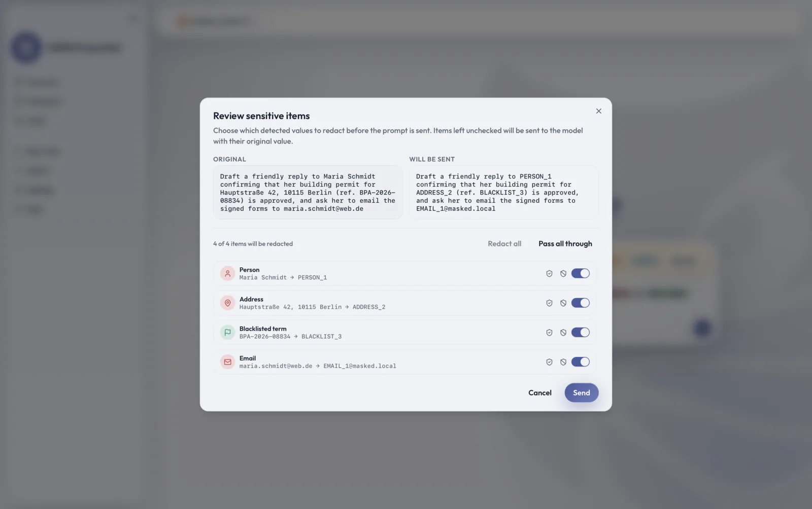 The “Review sensitive items” dialog. On the left the original text, on the right the same text carrying the placeholders PERSON_1, ADDRESS_2, BLACKLIST_3 and EMAIL_1@masked.local. Below, the four items are listed individually, each with a switch to redact or pass through.