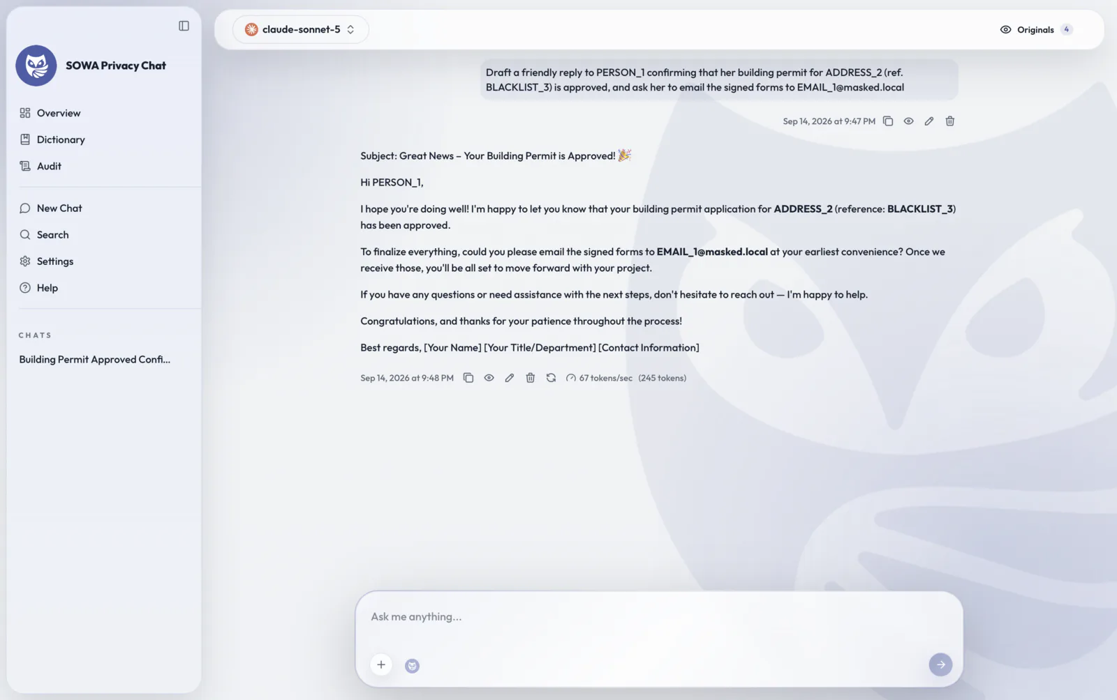 Chat thread showing placeholders: the model’s reply refers to PERSON_1, ADDRESS_2, BLACKLIST_3 and EMAIL_1@masked.local.