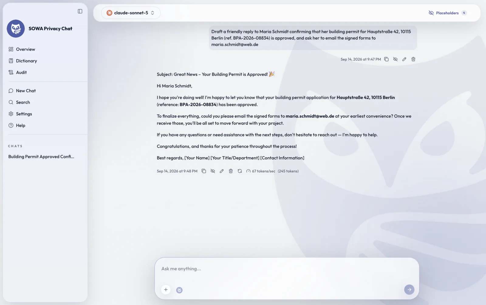 The same chat thread with original values restored: Maria Schmidt, Hauptstraße 42 in 10115 Berlin, BPA-2026-08834 and maria.schmidt@web.de.
